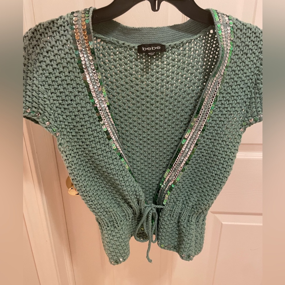 BEBE Lace Bow Dress Shirt with green/silver sequince size medium